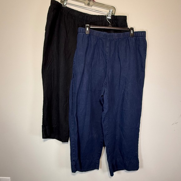 2 Pair J Jill Love Linen Blue Black Pants Wide Leg Women's 1X/XL Cropped Stretch - Picture 1 of 10